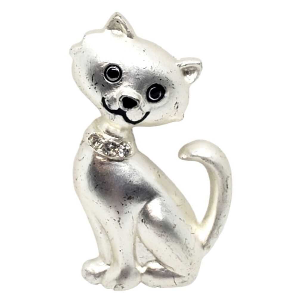 Matte Silver Kitty Cat Fashion Brooch Pin with White Rhinestone Collar Vintage